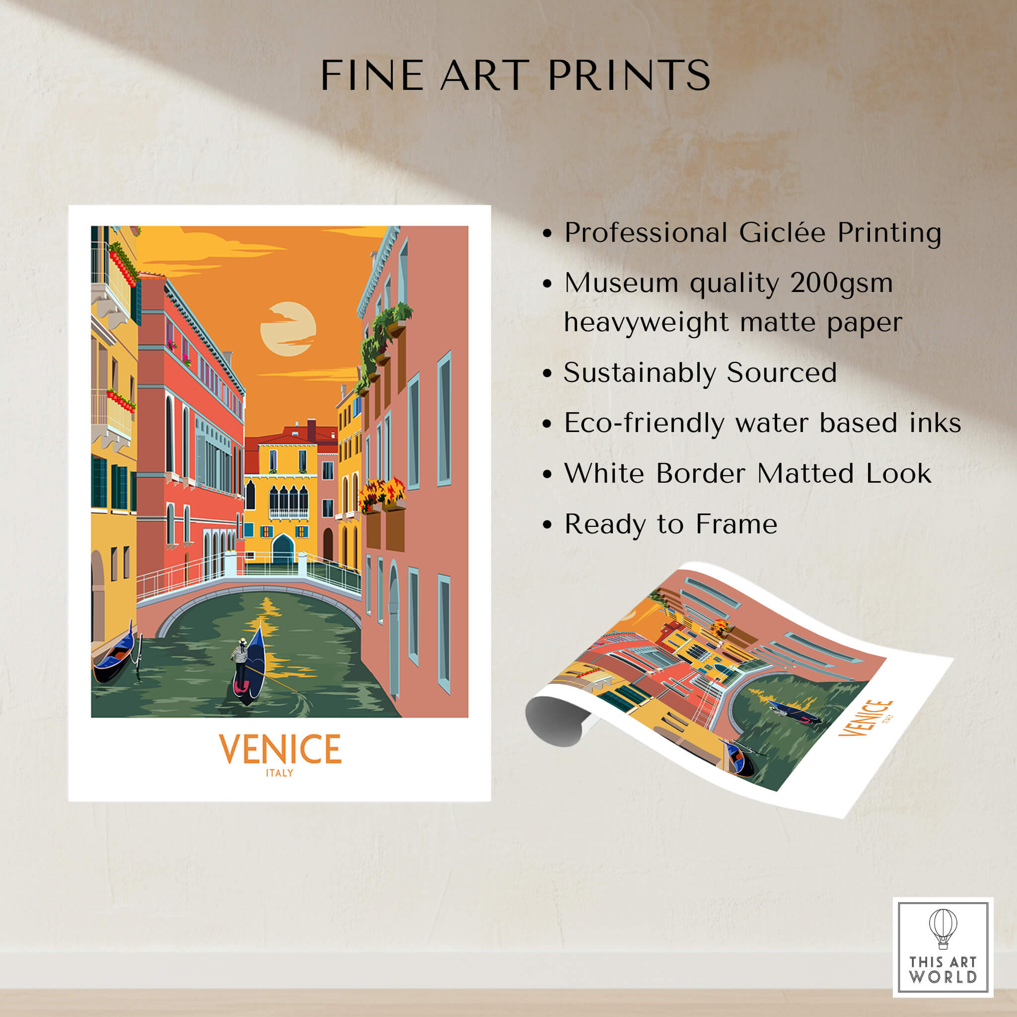 Venice Poster Travel Print featuring iconic canals and colorful buildings, perfect for home decor.
