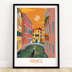 Venice Poster Travel Print featuring a vibrant sunset and iconic canals of Venice, Italy.