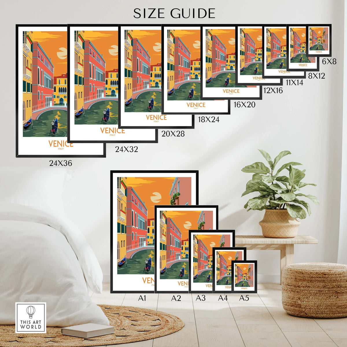 Venice Poster Travel Print size guide showcasing various dimensions for wall art decor in a stylish living space.