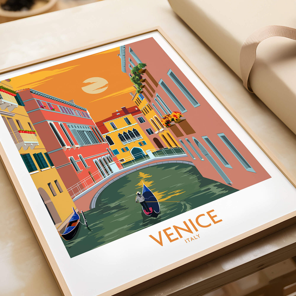 Venice Poster Travel Print showcasing iconic canals at sunset, perfect wall art for travel enthusiasts.
