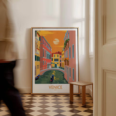 Venice Poster Travel Print showcasing colorful buildings and canals in Venice, Italy, evoking wanderlust and charm.