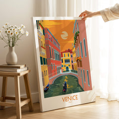 Venice Poster Travel Print showcasing vibrant canals and charming architecture in a warm sunset setting.