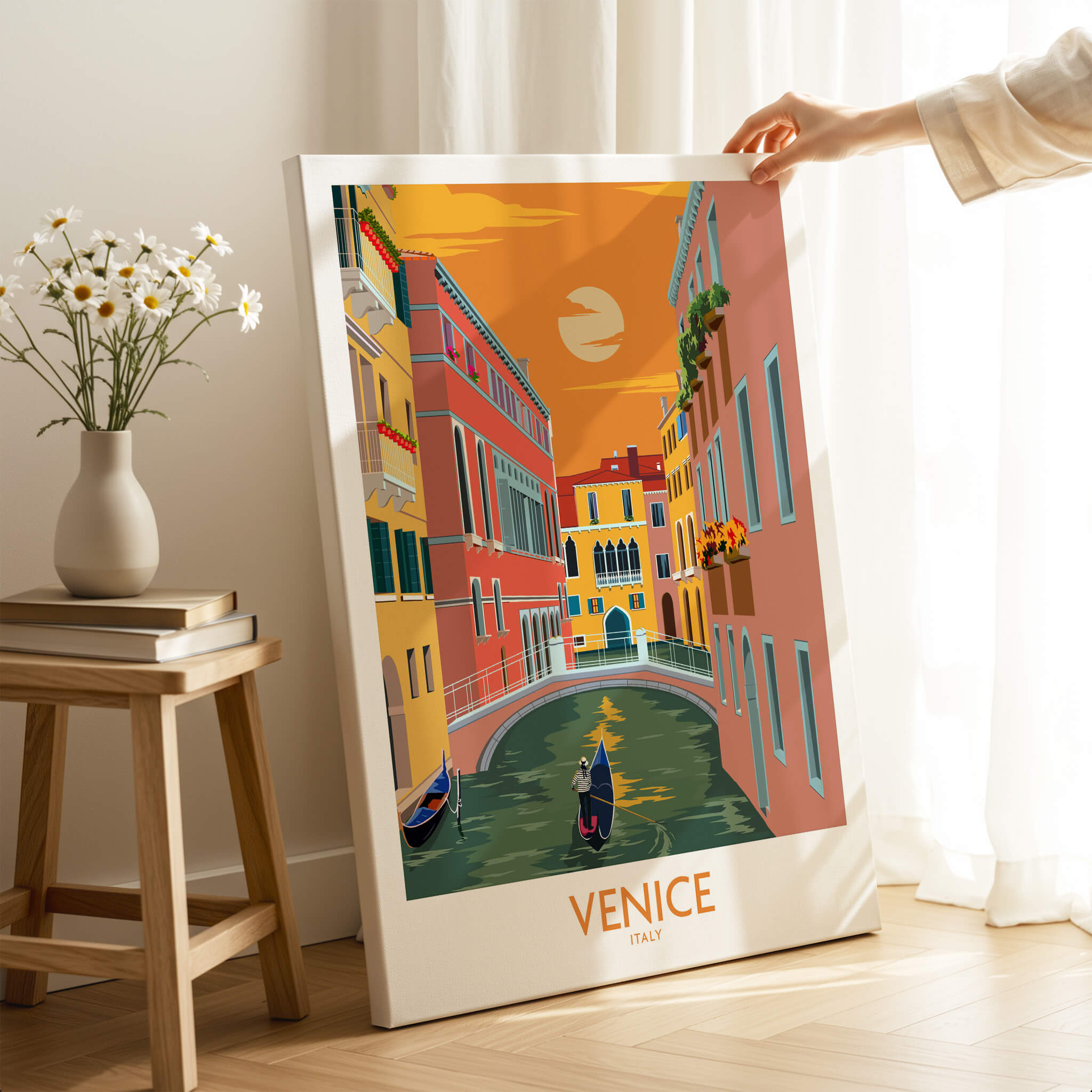 Venice Poster Travel Print showcasing vibrant canals and charming architecture in a warm sunset setting.