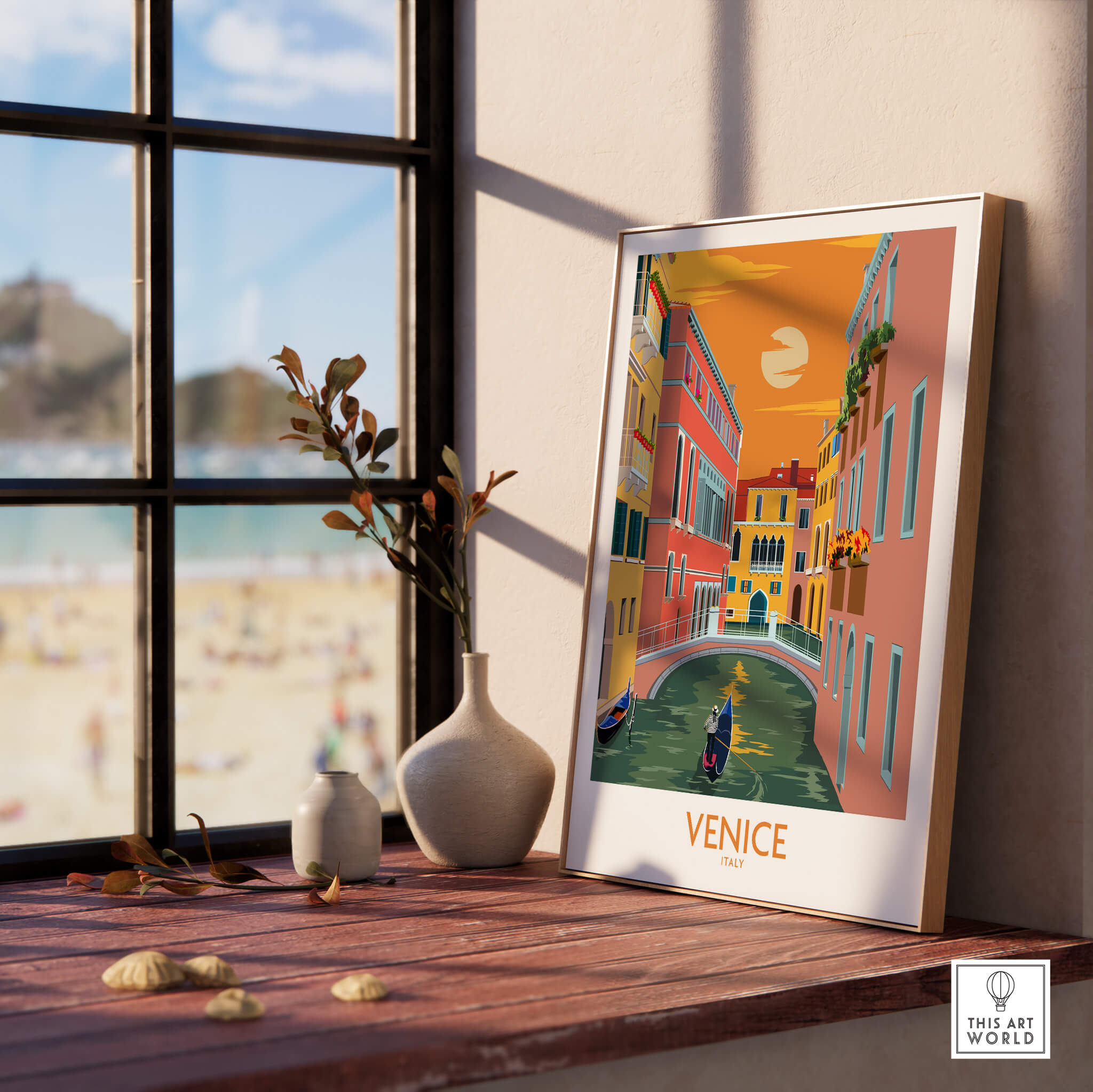 Venice Poster Travel Print showcasing a vibrant illustration of Venice canals with colorful buildings and a serene waterway.