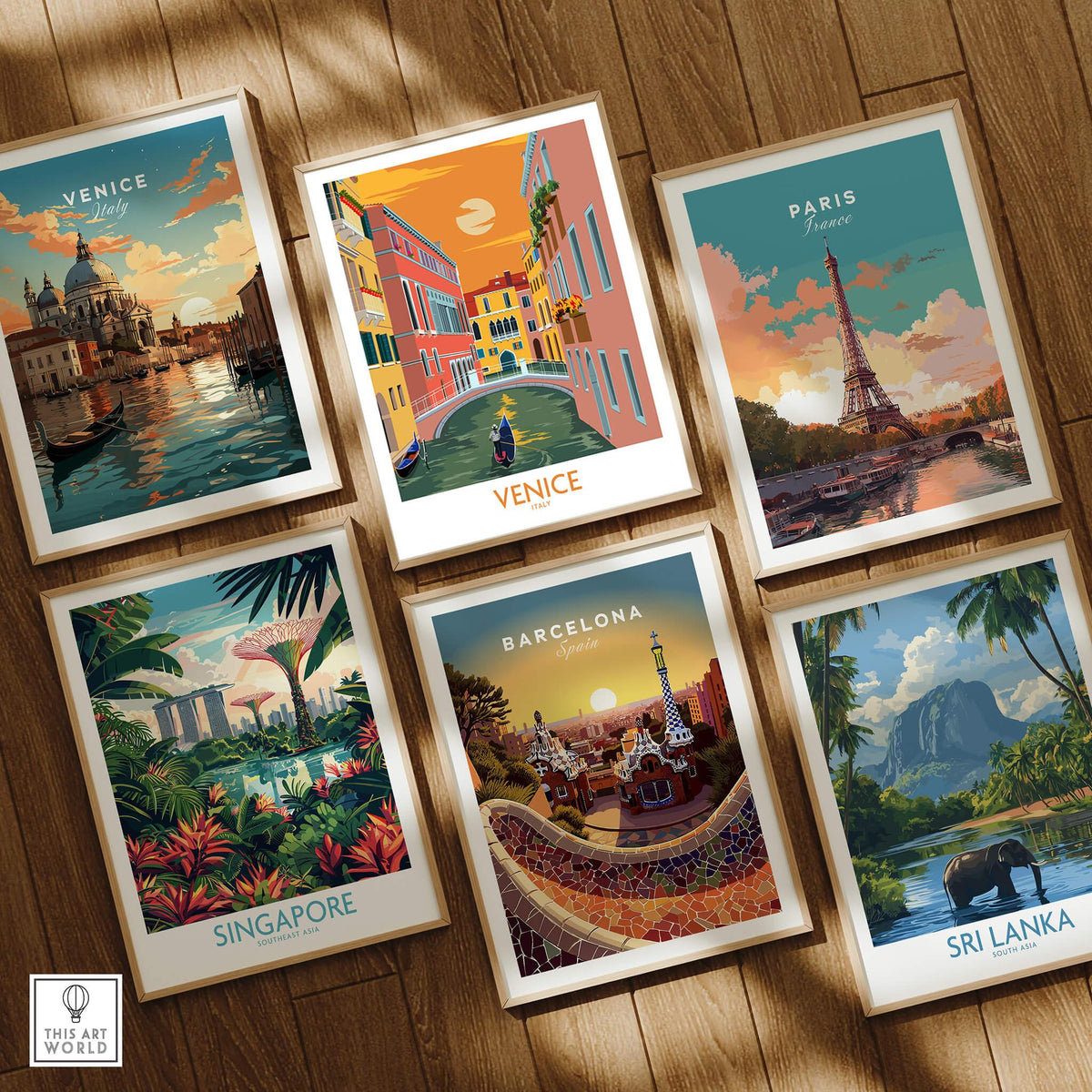 Venice Poster Travel Print featuring scenic canals and vibrant city colors, displayed alongside other travel posters.