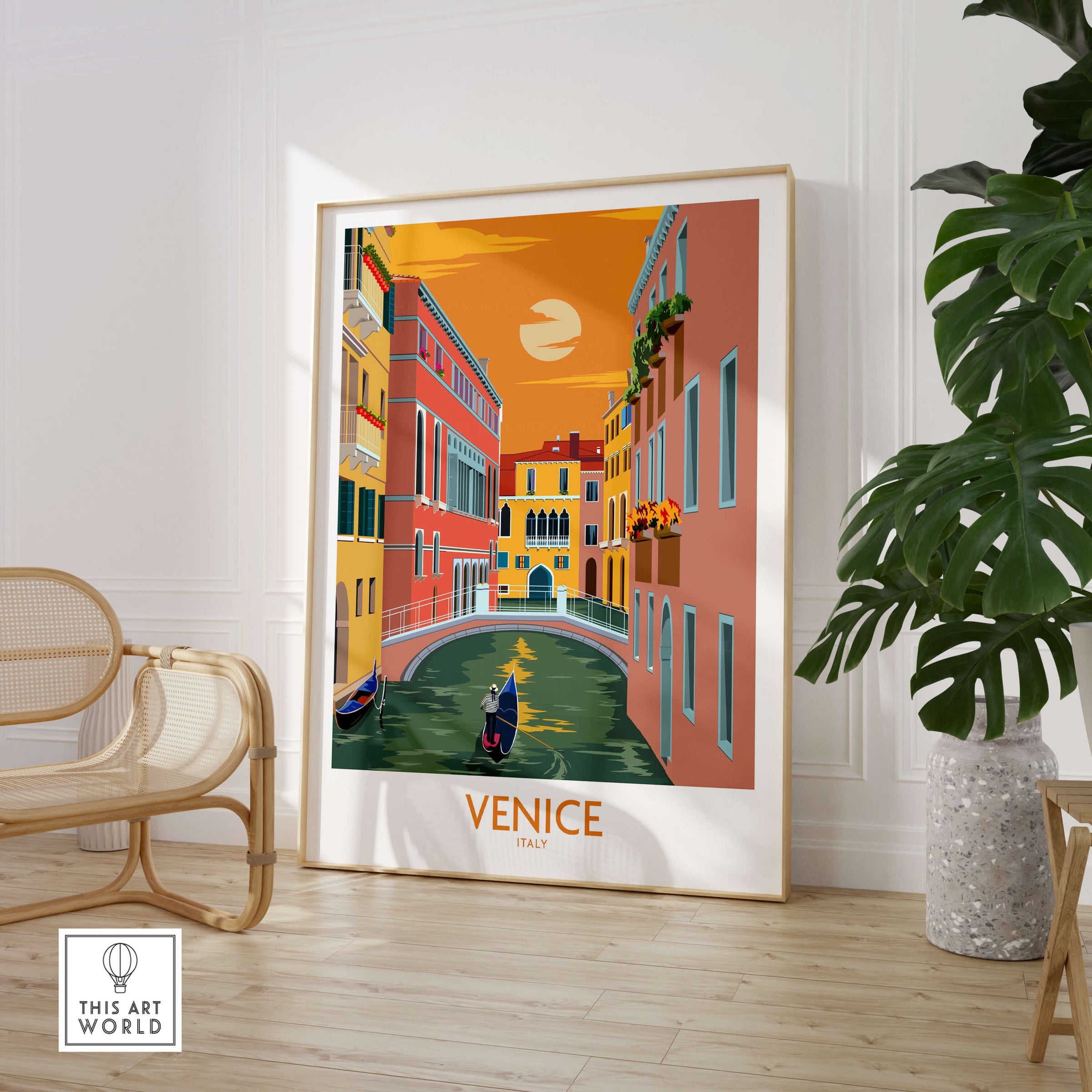 Venice Poster Travel Print showcasing beautiful canals and historic architecture in a stylish setting.