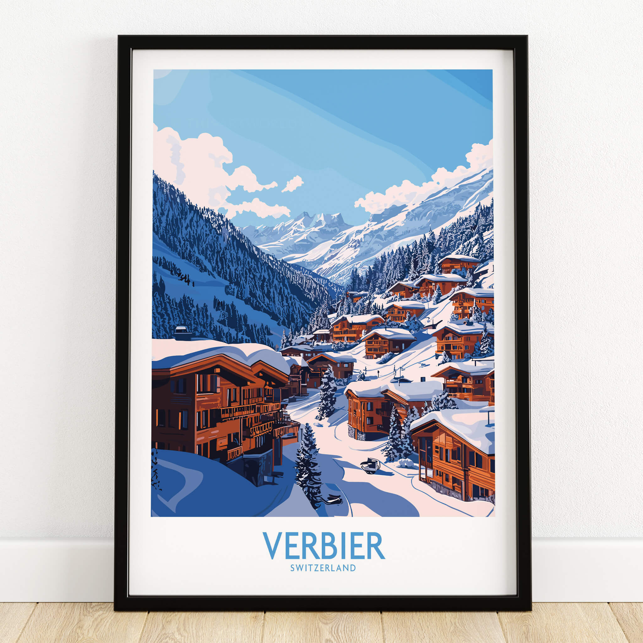 Verbier Travel Poster showcasing the iconic Swiss ski resort amidst the stunning mountains and snowy landscape.