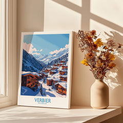Verbier Travel Poster showcasing the stunning ski resort in Switzerland with mountains and cozy chalets.