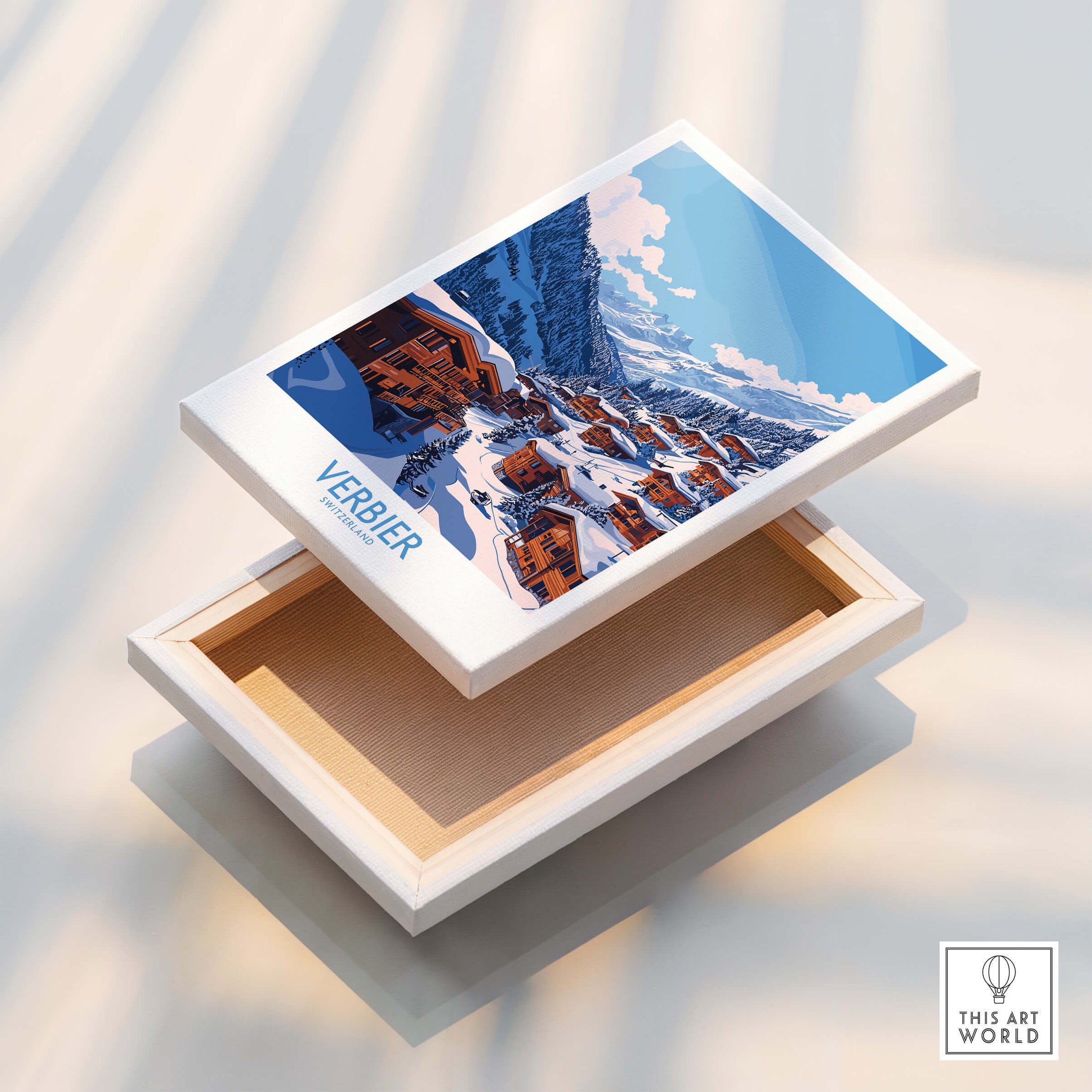 Verbier Travel Poster displayed on a wooden box, featuring the picturesque ski resort of Verbier.