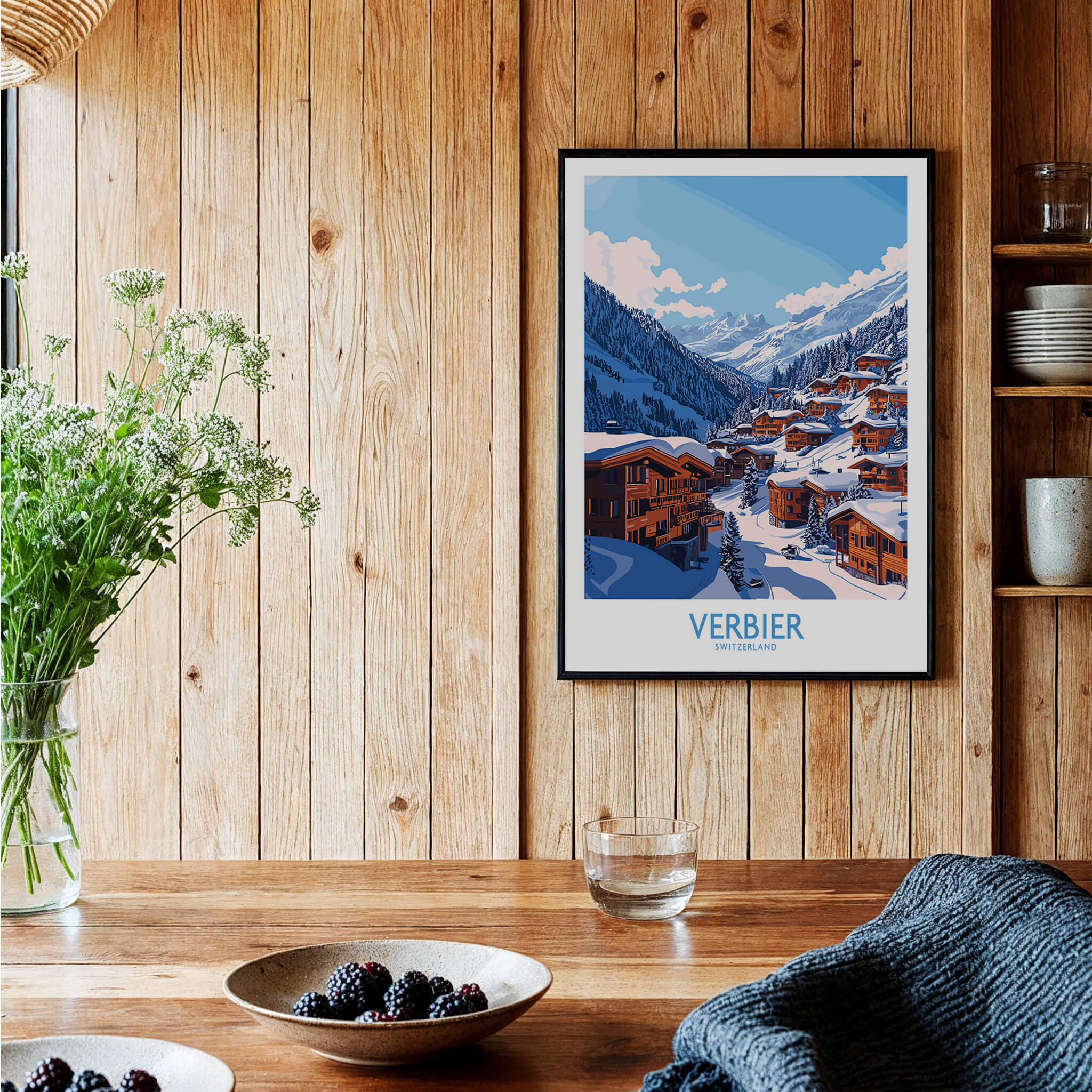 Verbier Travel Poster showcased in a cozy wooden interior, highlighting the iconic ski resort's beauty.