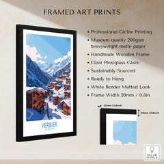 Verbier Travel Poster framed art print showcasing snowy mountains and chalet scene with professional giclée quality.
