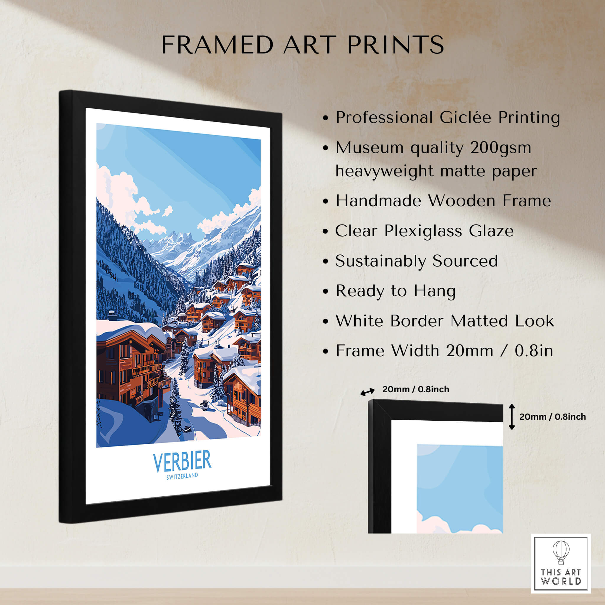 Verbier Travel Poster framed art print showcasing snowy mountains and chalet scene with professional giclée quality.