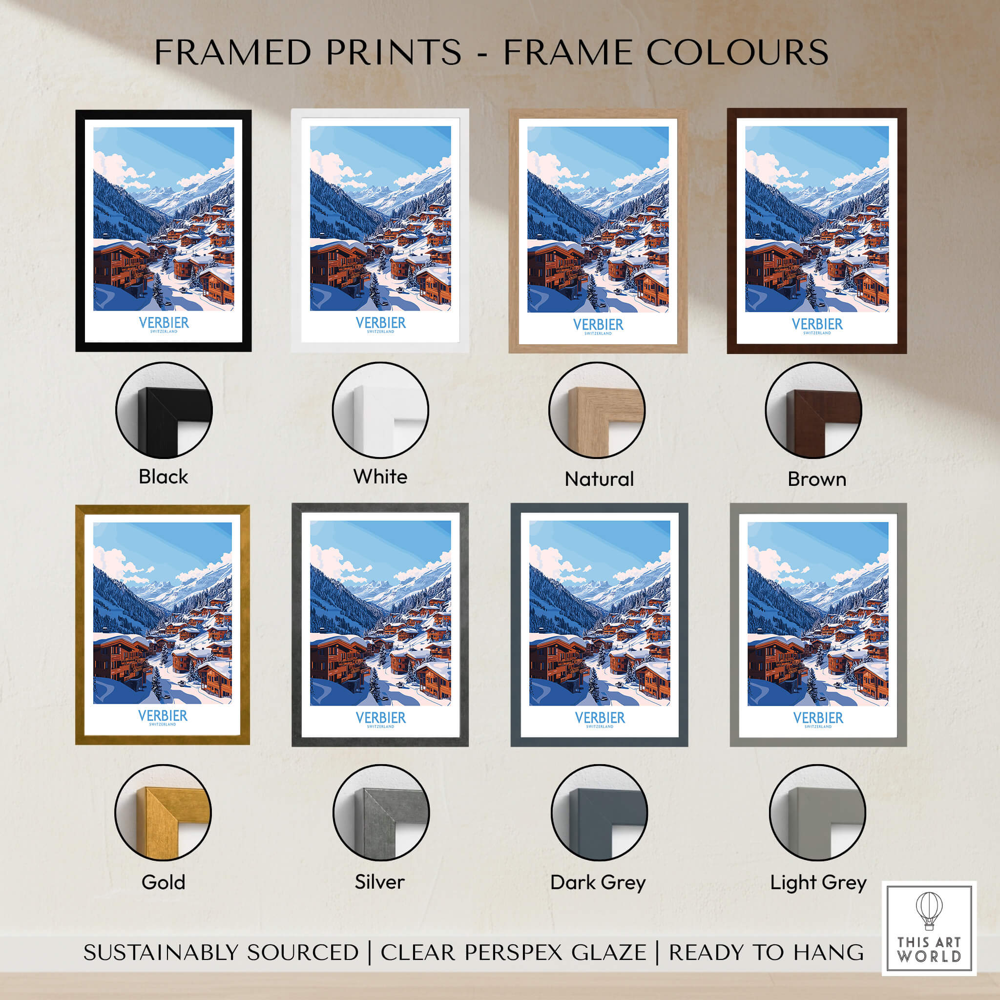 Various frame colors for the Verbier Travel Poster, including Black, White, Natural, and Brown options.