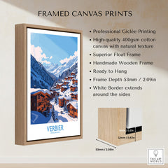 Verbier Travel Poster framed canvas print featuring a ski resort in the Swiss mountains.