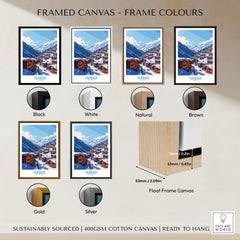 Framed canvas options for Verbier Travel Poster in various colors including black, white, natural, brown, gold, and silver.