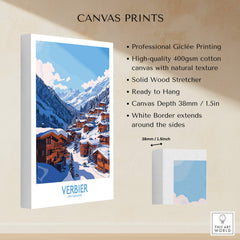 Verbier Travel Poster showcasing a scenic ski resort with professional Giclée printing on canvas.