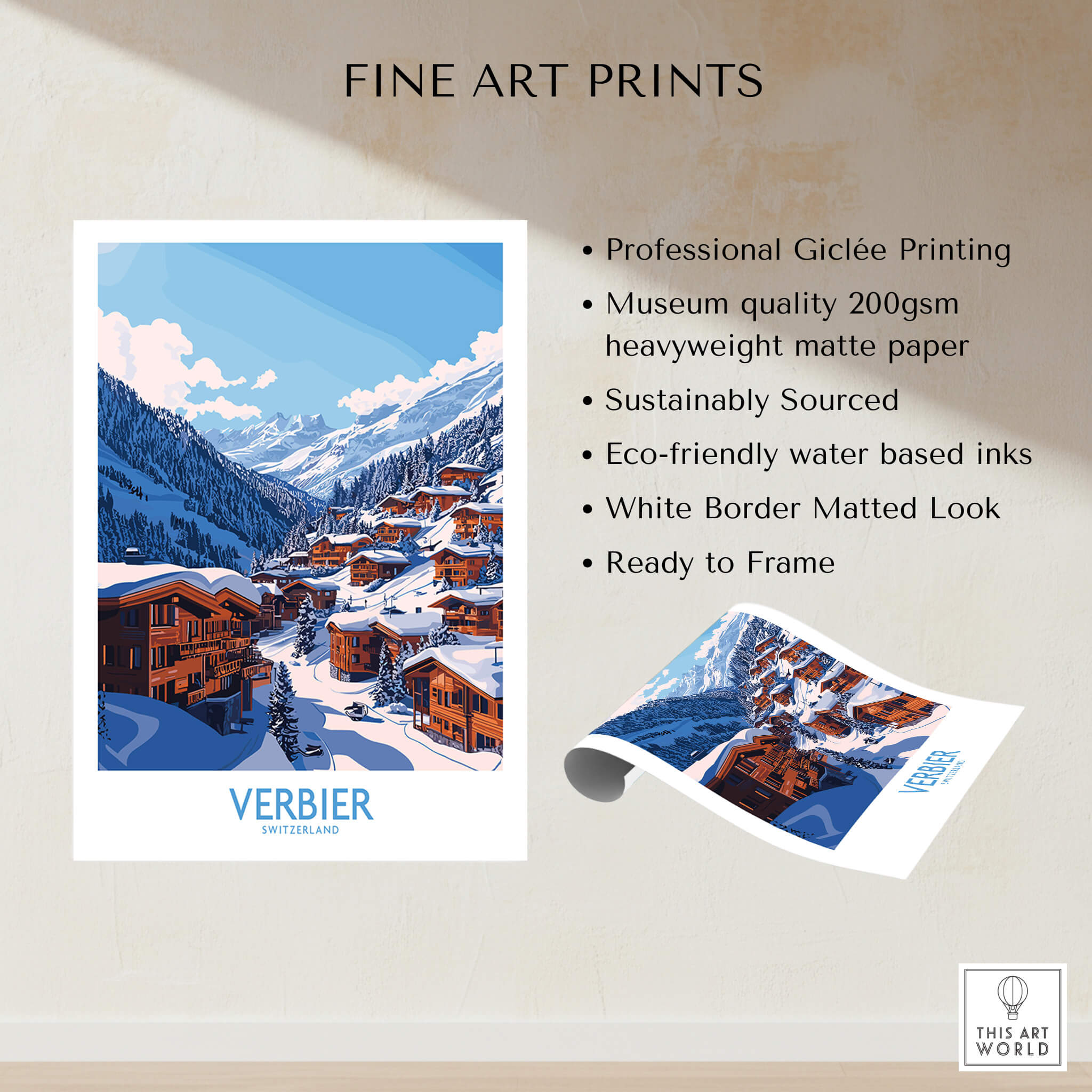 Verbier Travel Poster showcasing a stunning ski resort with snow-capped mountains and charming chalets.