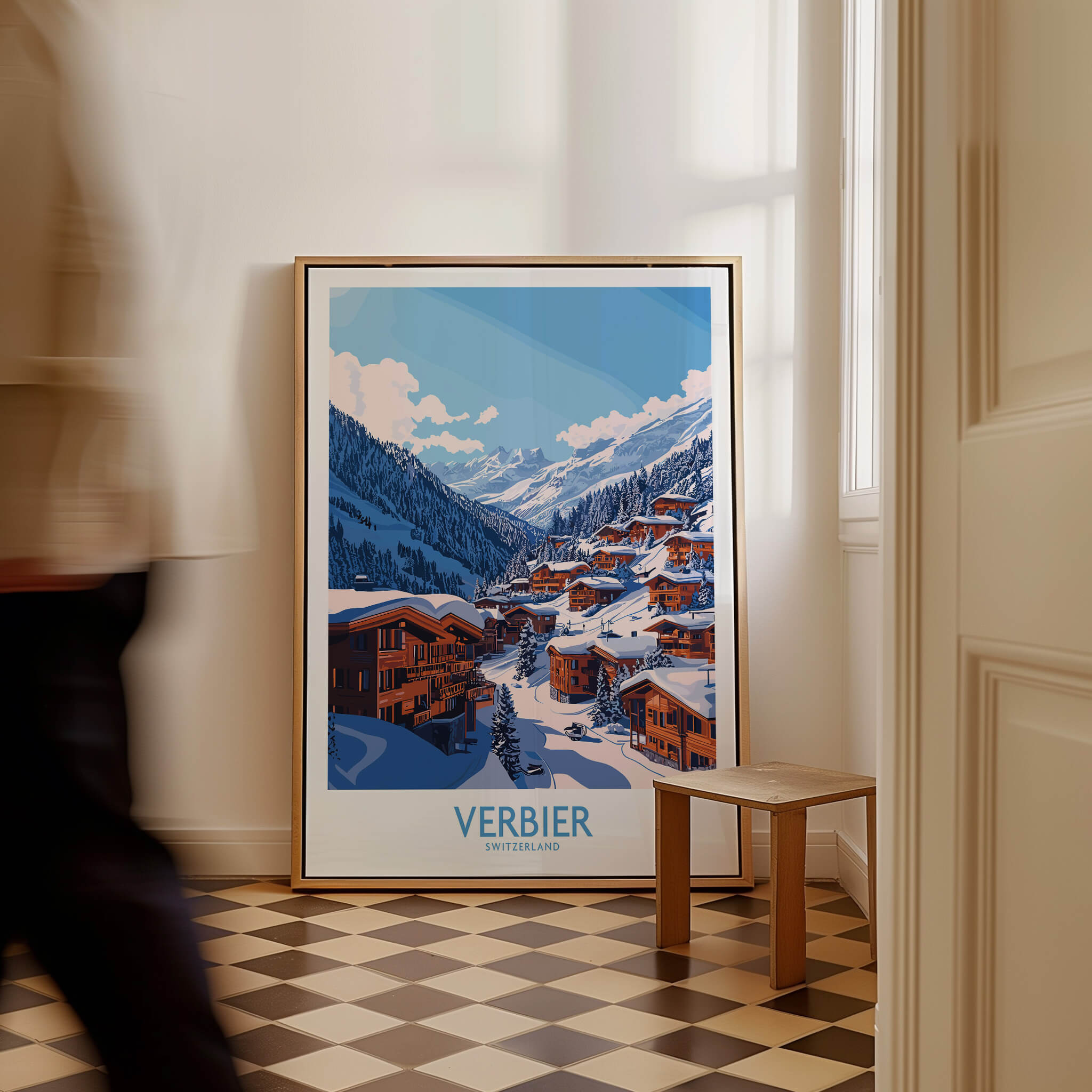 Verbier Travel Poster showcasing the picturesque ski resort of Verbier in Switzerland.