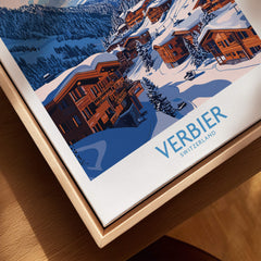 Verbier Travel Poster showcasing the beautiful Swiss ski resort with wooden chalets and snowy landscapes.