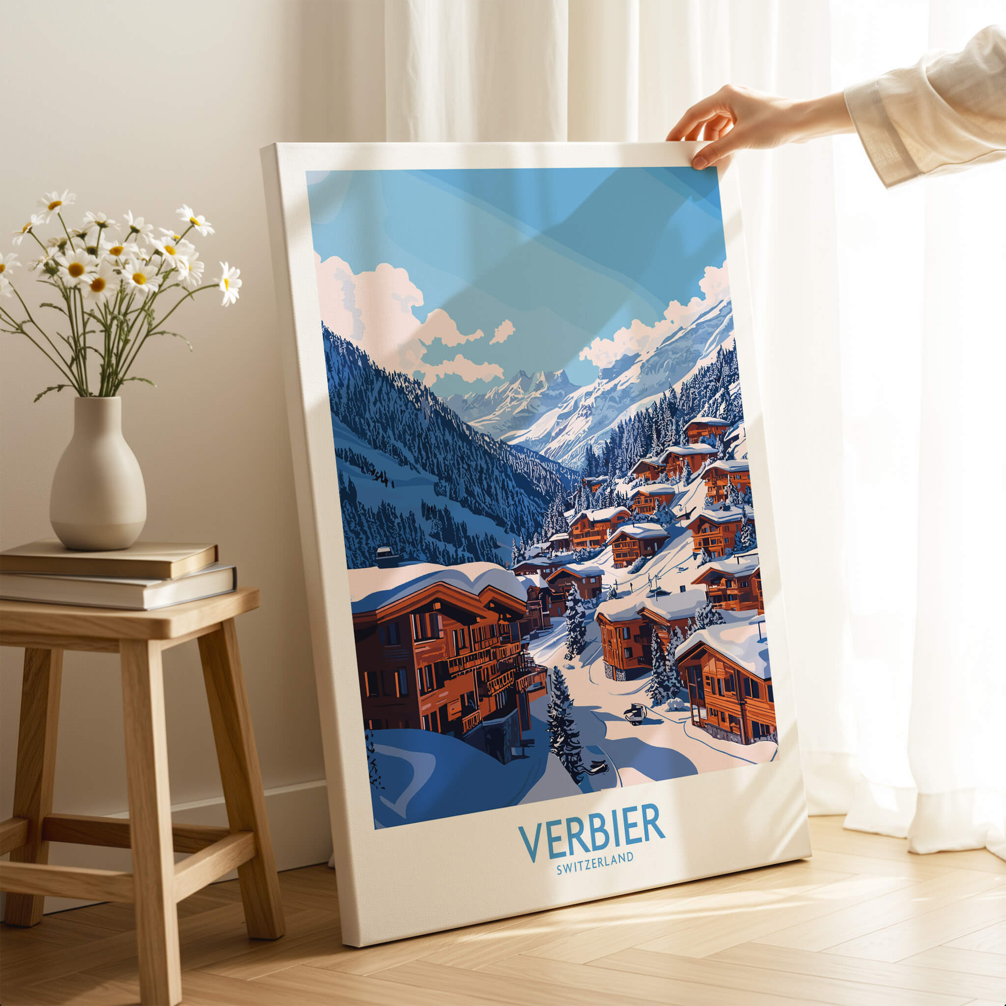 Verbier Travel Poster showcasing a scenic winter view of Verbier ski resort in Switzerland.