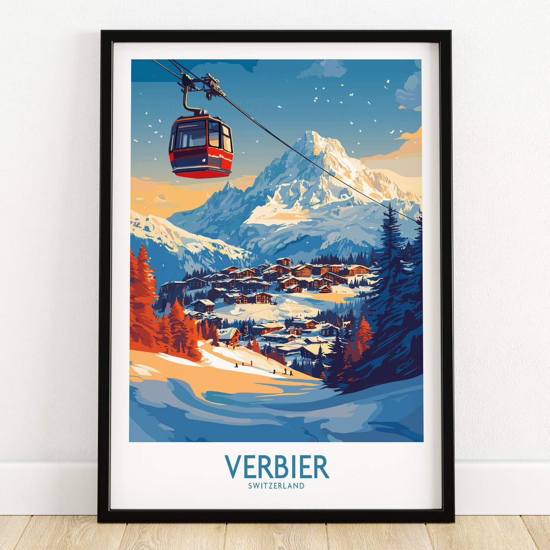 Verbier Wall Art Print featuring a scenic mountain view with a ski lift and snow-covered landscape.