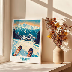 Verbier Poster Switzerland showcasing stunning Swiss Alps views in a cozy home setting with natural light.