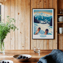Verbier Poster Switzerland framed in a cozy mountain-themed interior with skis and alpine views.