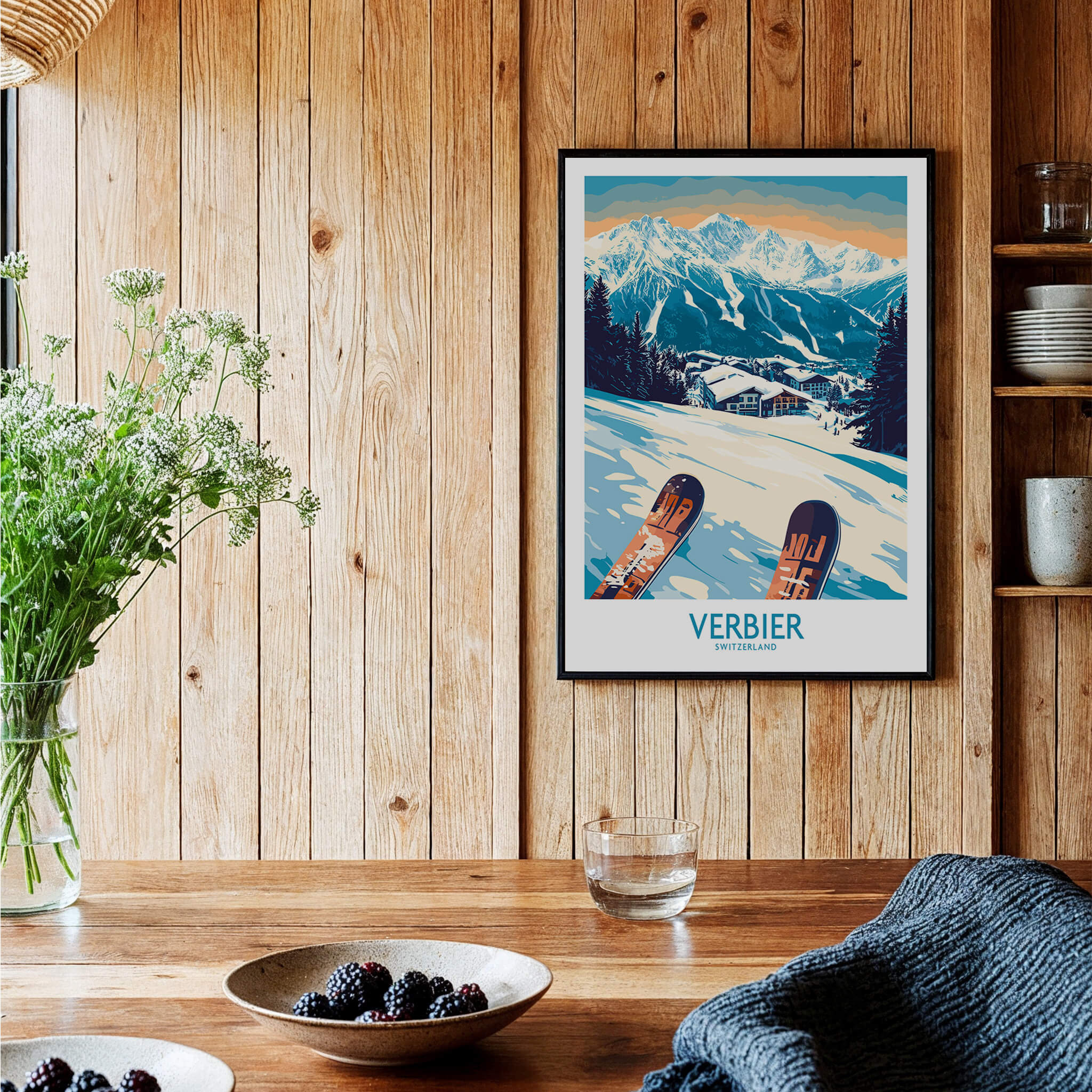 Verbier Poster Switzerland framed in a cozy mountain-themed interior with skis and alpine views.
