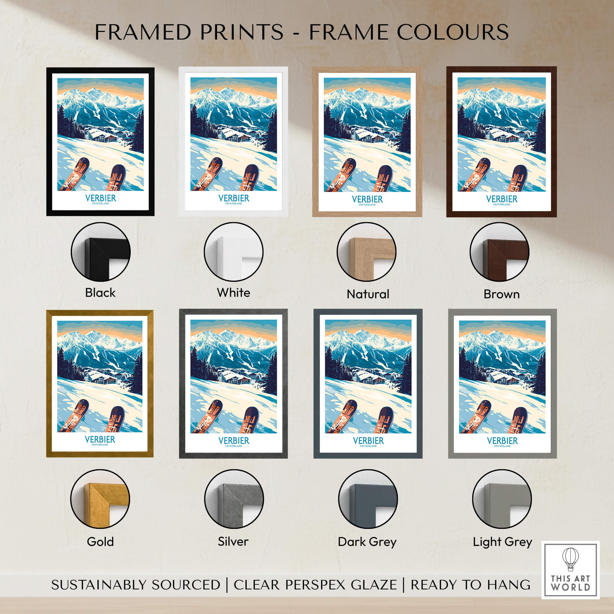 Verbier Poster Switzerland framed prints in various colors including black, white, natural, and brown.