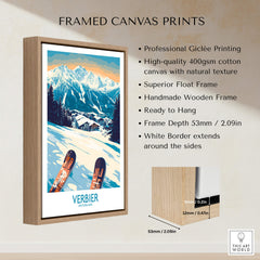Verbier Poster Switzerland framed canvas print showcasing Swiss Alps with ski equipment, ready to hang decorative art.