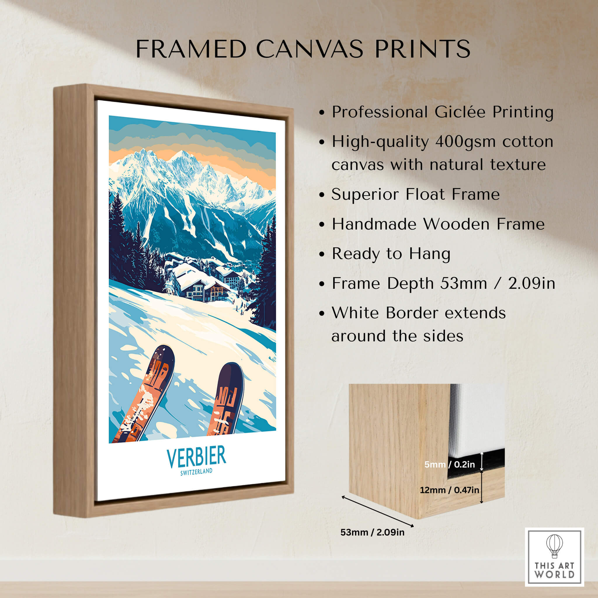Verbier Poster Switzerland framed canvas print showcasing Swiss Alps with ski equipment, ready to hang decorative art.