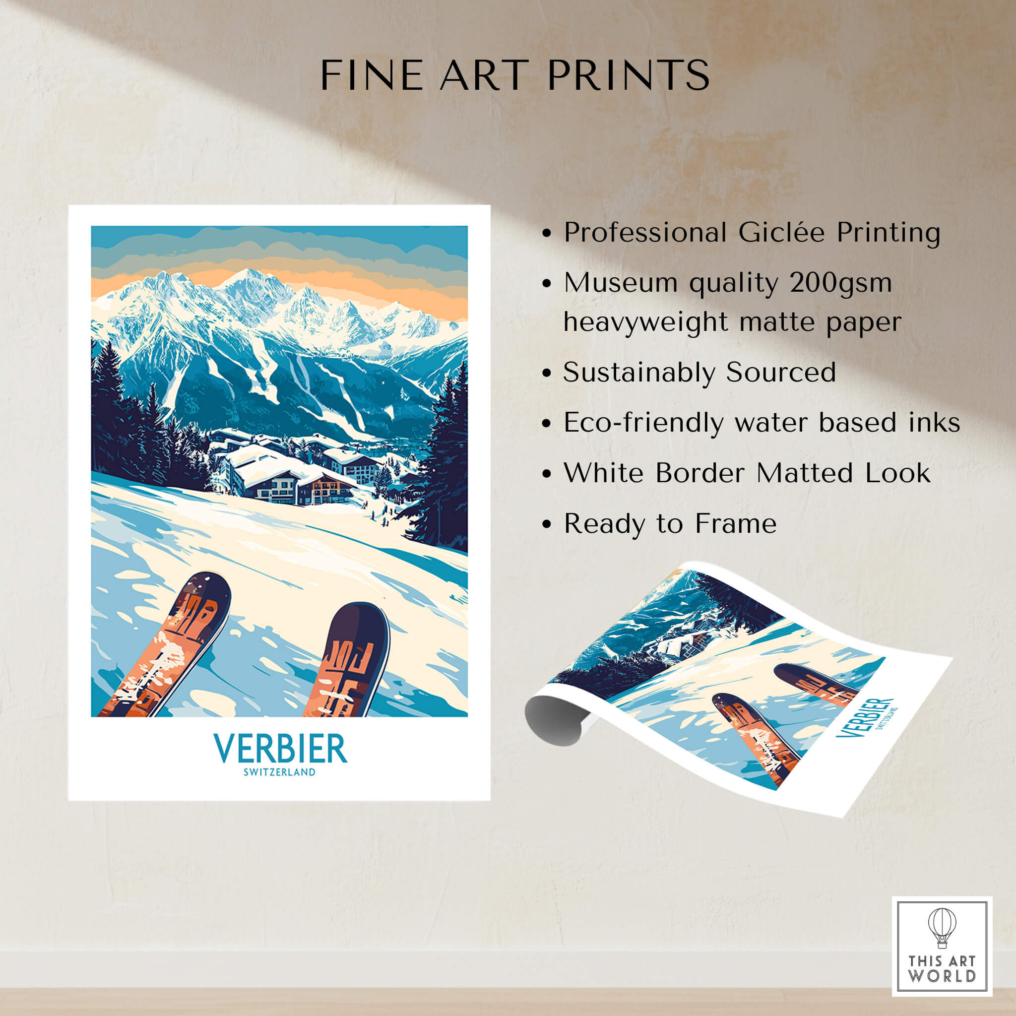 Verbier Poster Switzerland showcasing stunning Swiss Alps views and professional Giclée printing details.