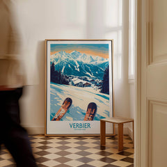 Verbier Poster Switzerland displayed in a stylish interior, showcasing Swiss Alps and ski scenery.