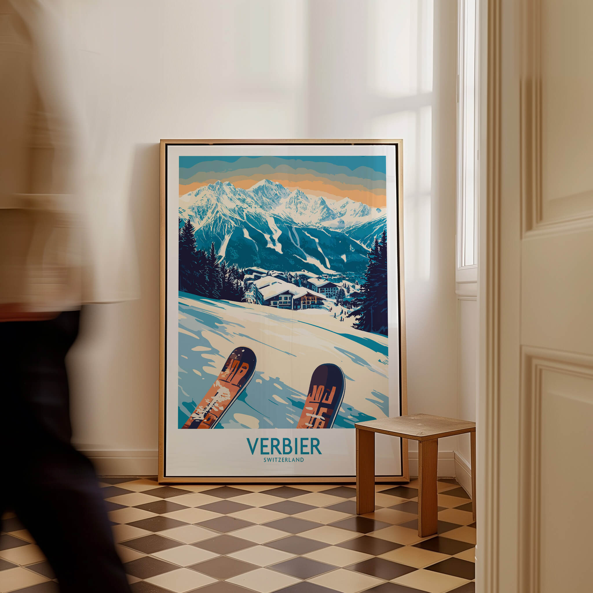 Verbier Poster Switzerland displayed in a stylish interior, showcasing Swiss Alps and ski scenery.
