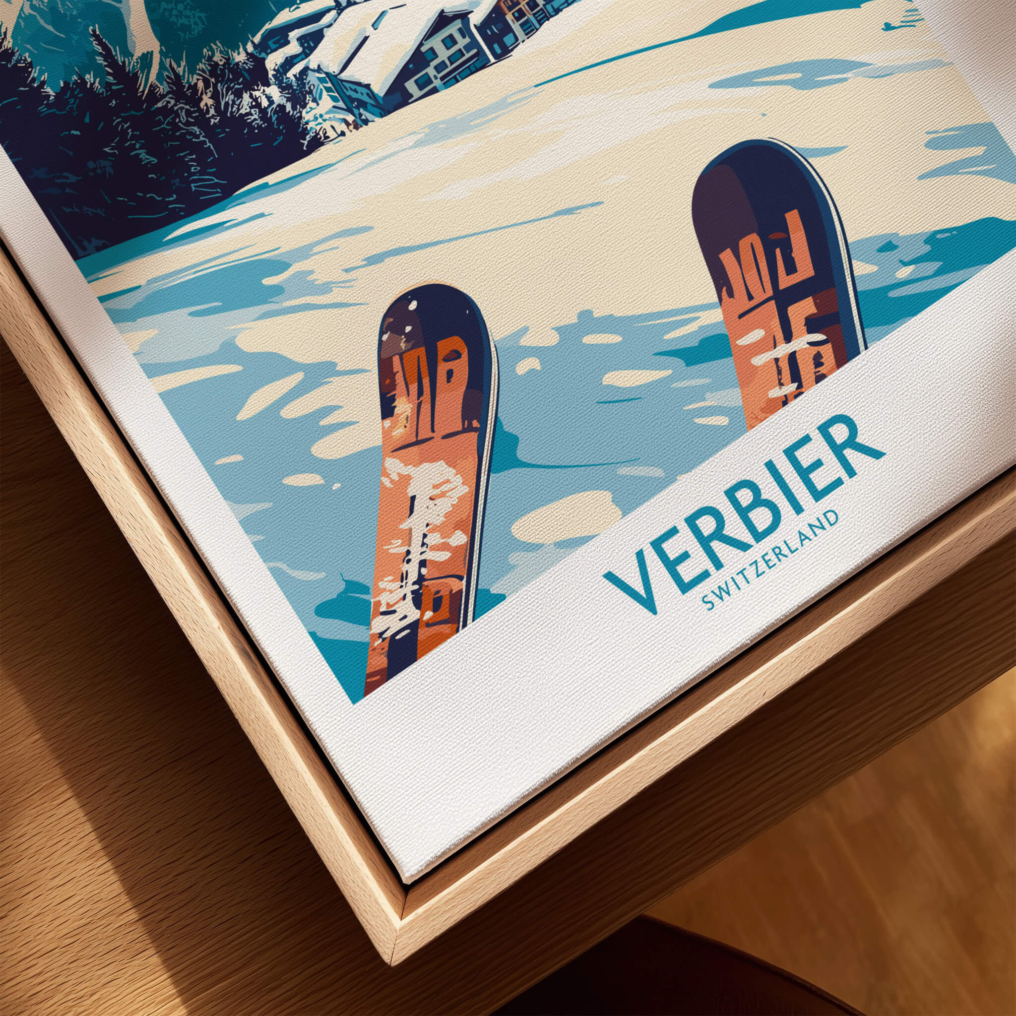 Verbier Poster Switzerland showcasing stunning ski visuals with mountains and soft blue tones in a stylish frame.