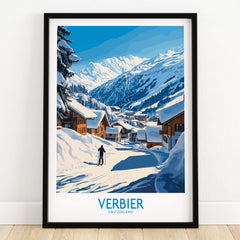 Verbier Ski Poster Switzerland showcasing a snowy landscape and mountain scenery with a skier in the foreground.