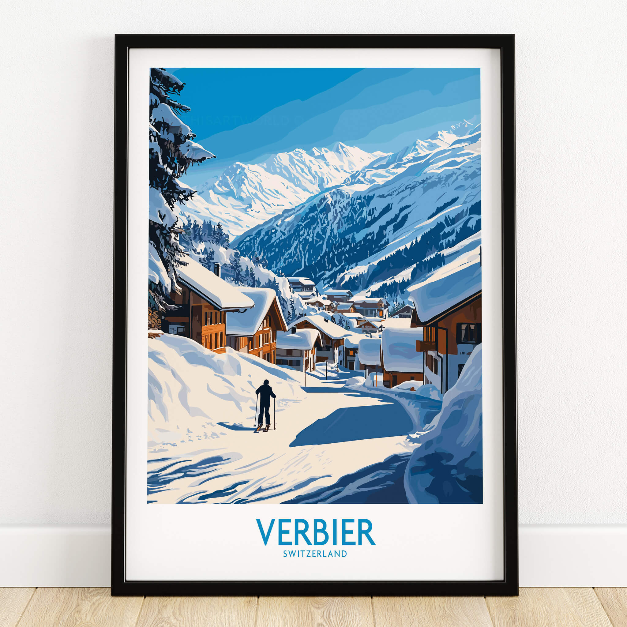 Verbier Ski Poster Switzerland showcasing a snowy landscape and mountain scenery with a skier in the foreground.