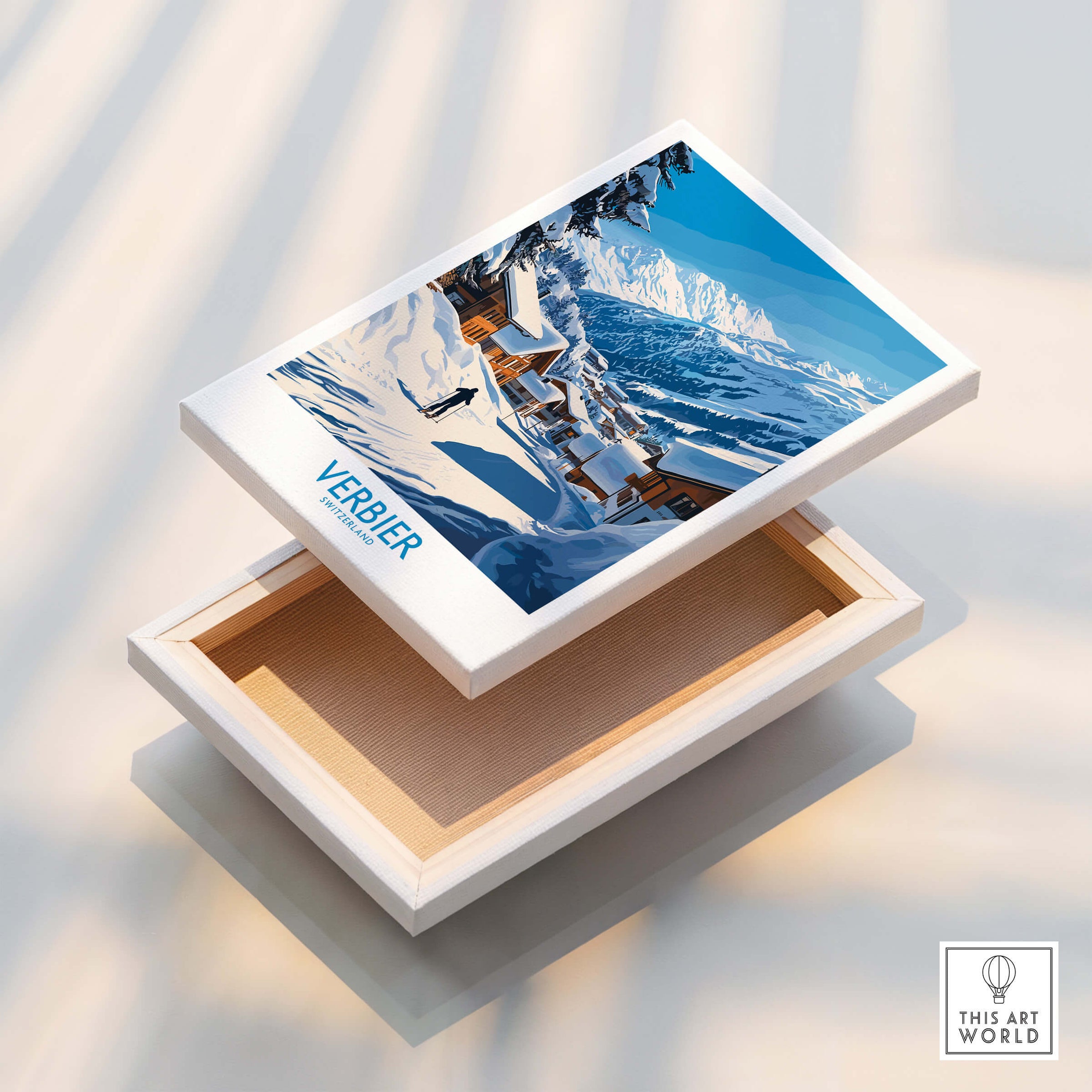 Verbier Ski Poster Switzerland displayed on an open wooden box showcasing the snowy mountains and ski slopes.