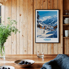 Verbier Ski Poster Switzerland displayed in a cozy wooden interior with natural light.