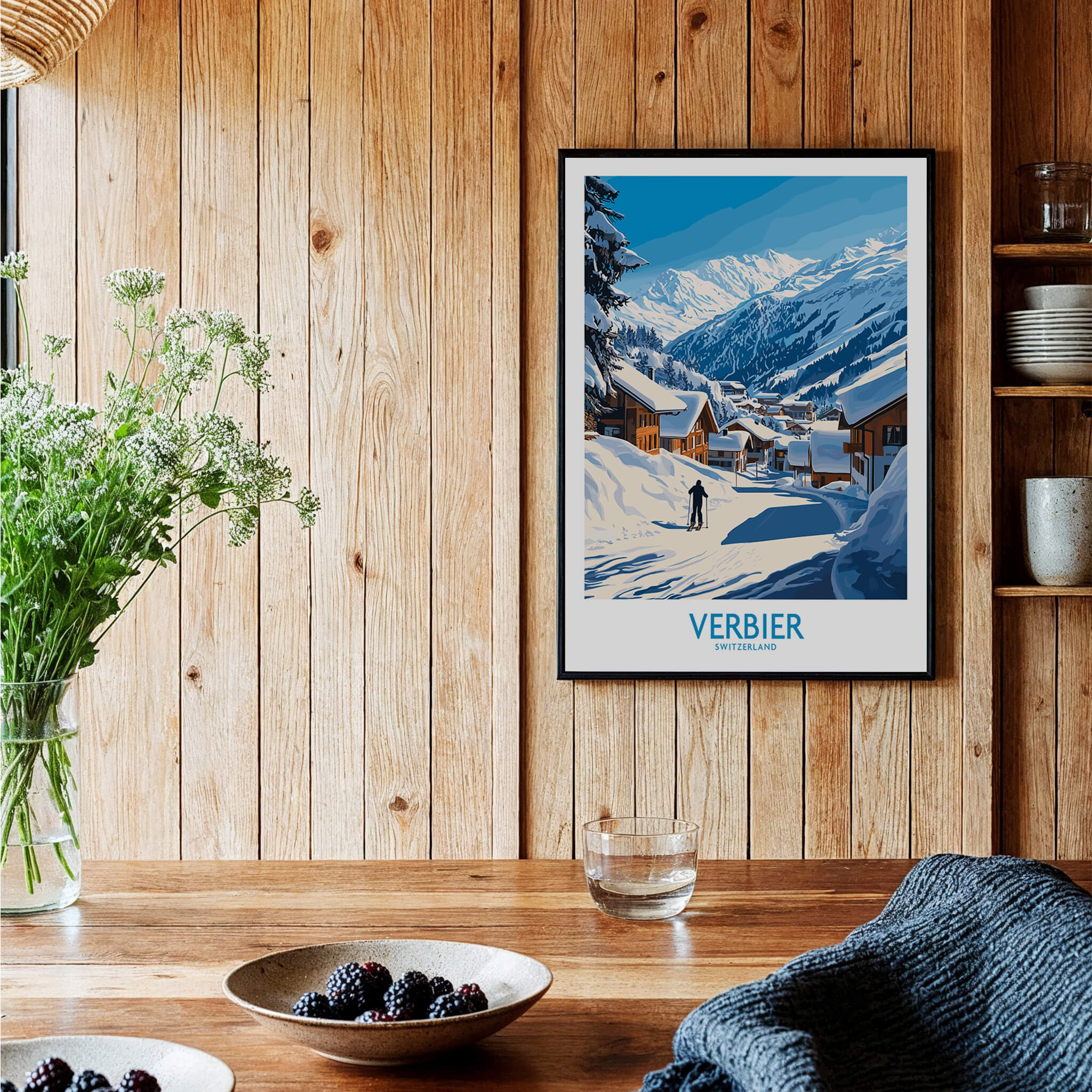Verbier Ski Poster Switzerland displayed in a cozy wooden interior with natural light.