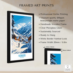 Verbier Ski Poster Switzerland framed art print featuring snowy mountains and chalets.