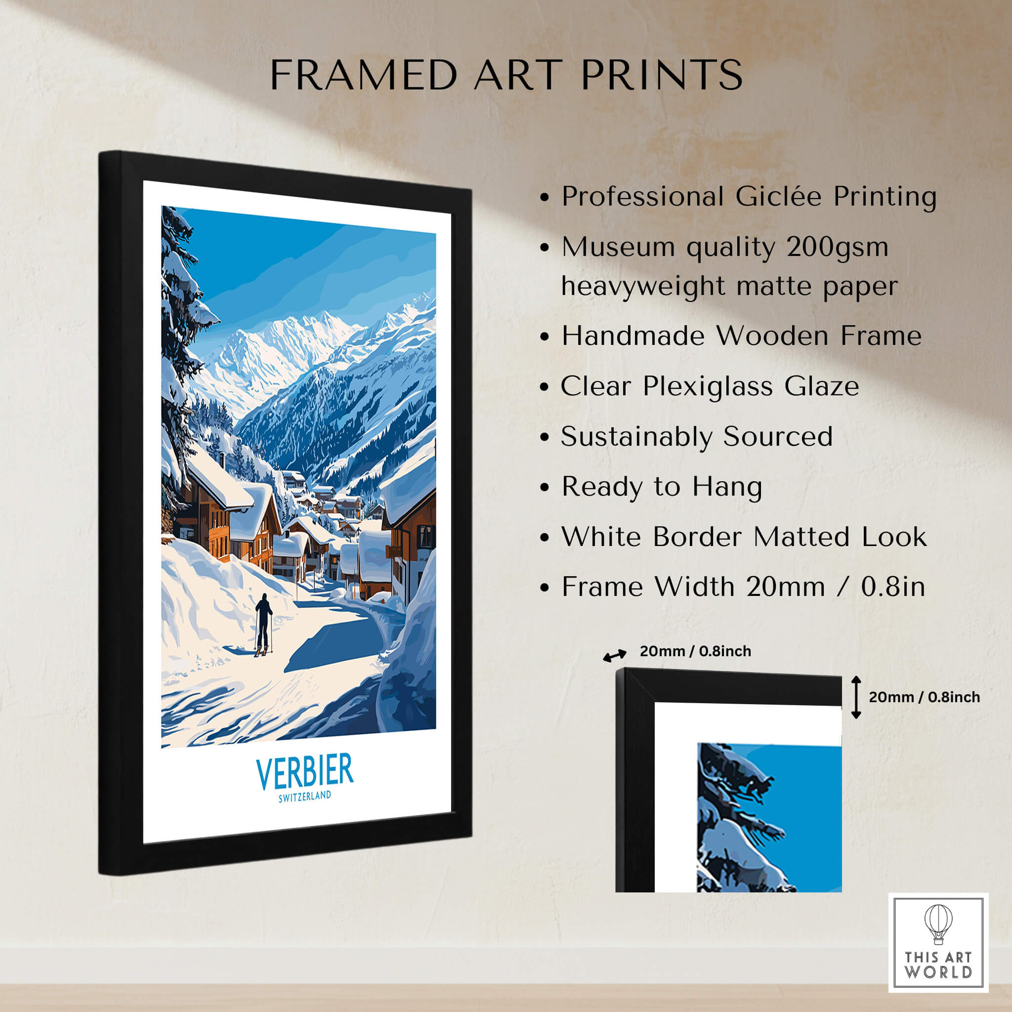 Verbier Ski Poster Switzerland framed art print featuring snowy mountains and chalets.
