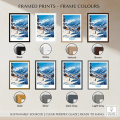 Verbier Ski Poster Switzerland framed prints in various colors including black, white, natural, and brown.