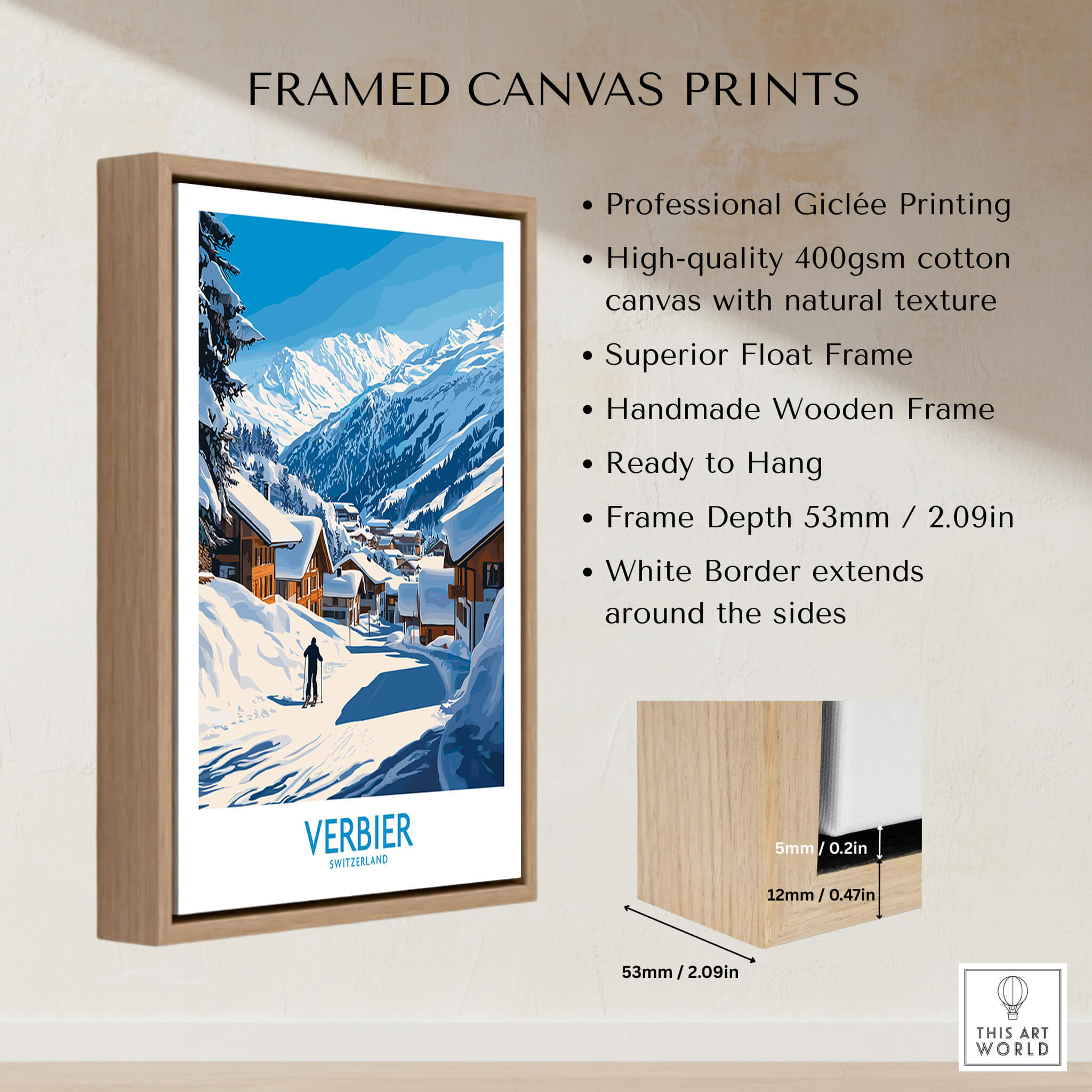 Verbier Ski Poster Switzerland framed canvas print showcasing ski scenery and quality craftsmanship.