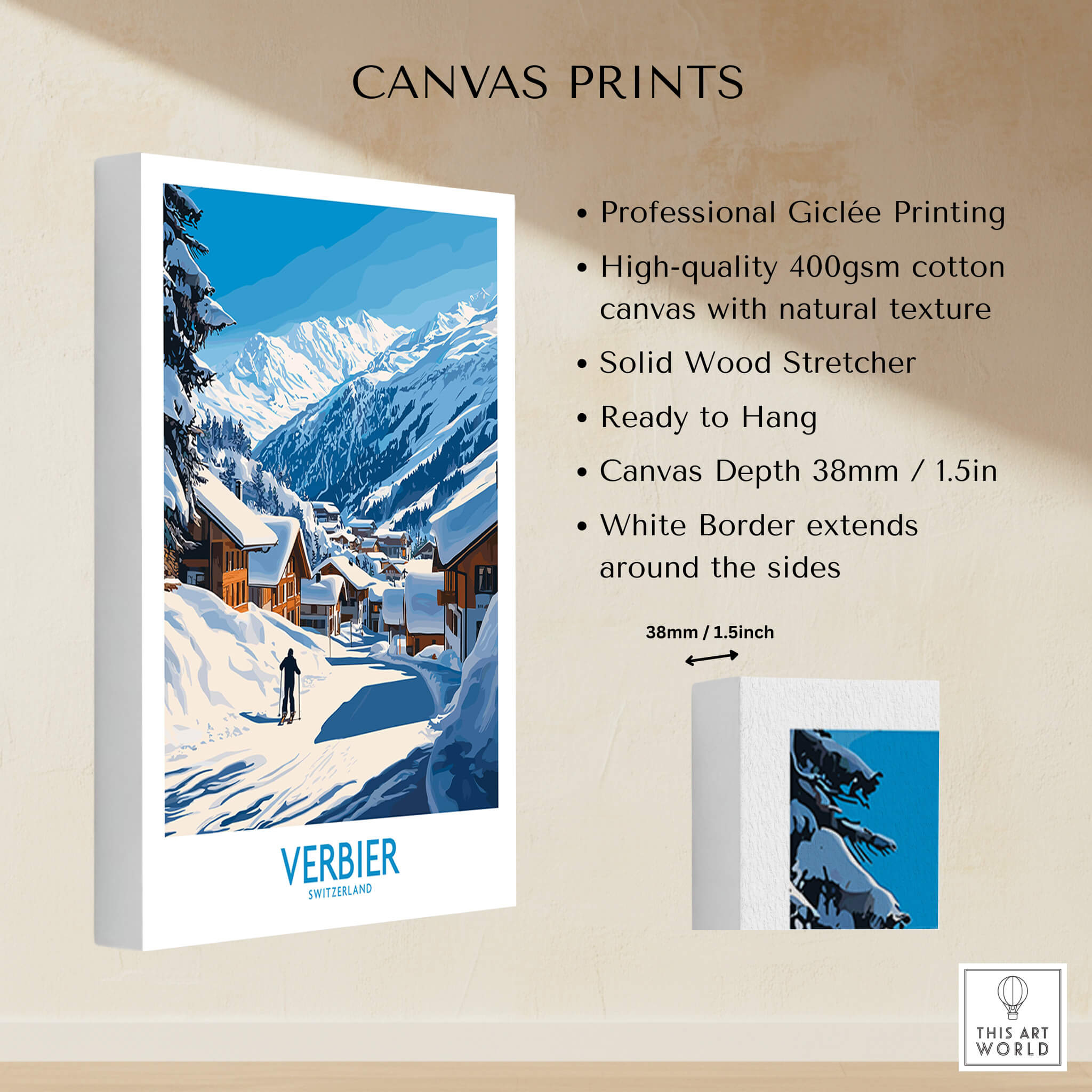 Verbier Ski Poster Switzerland showcased on a high-quality canvas print, ready to hang with a white border.