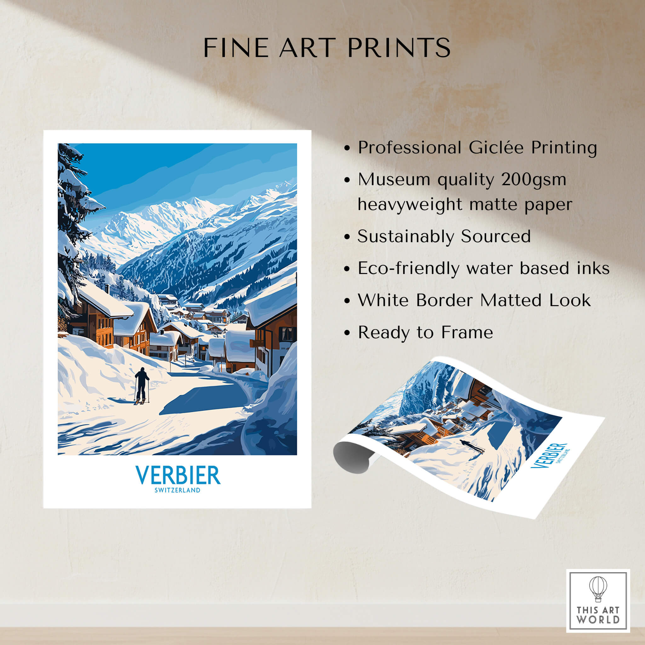 Verbier Ski Poster Switzerland showcasing stunning mountain scenery and ski culture, printed on heavyweight matte paper.