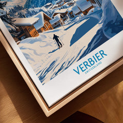 Verbier Ski Poster Switzerland showcasing skier in snowy landscape with Swiss chalets in the background.