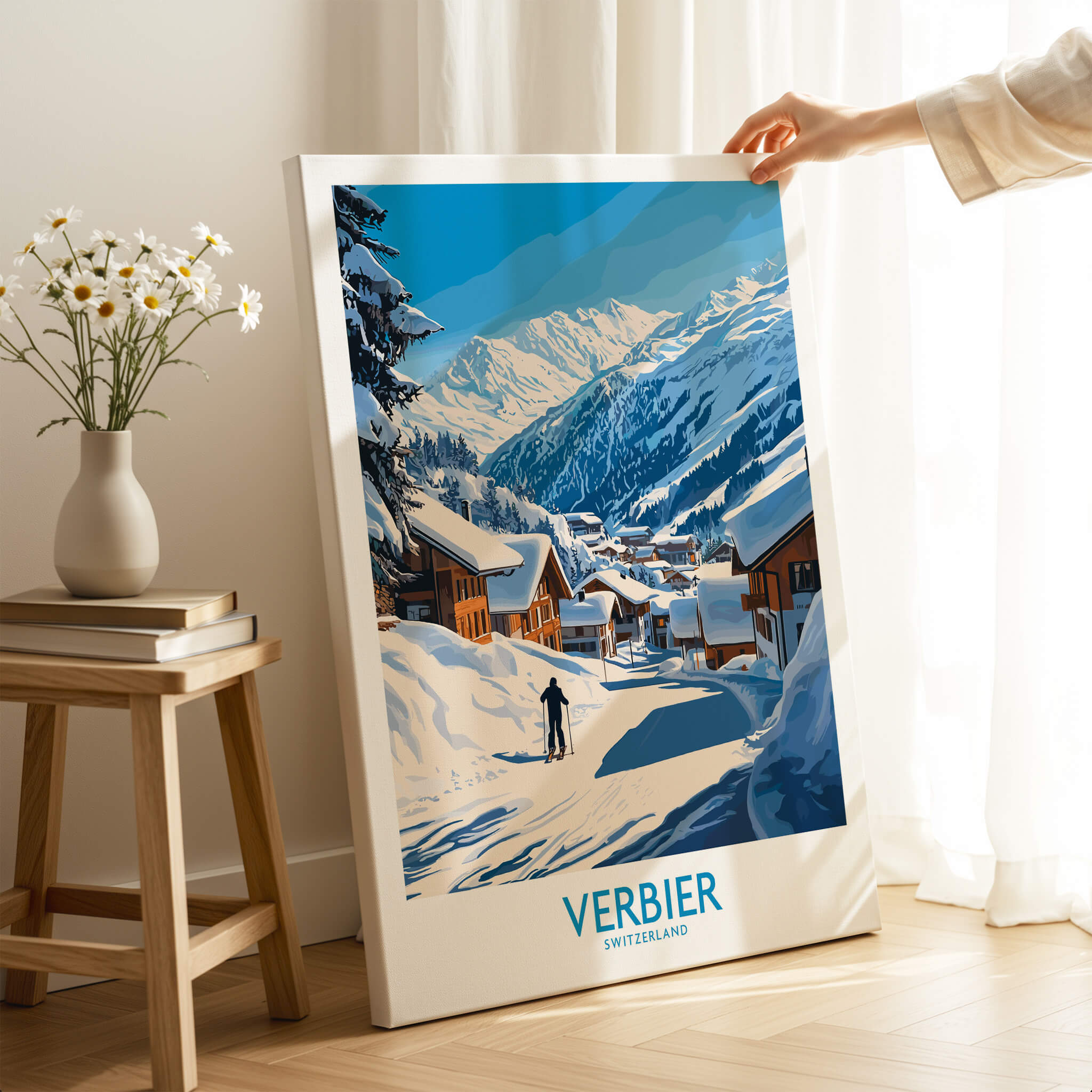 Verbier Ski Poster Switzerland showcasing a skier in the beautiful snowy landscape of Verbier, Switzerland.