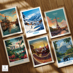Verbier Ski Poster Switzerland featured among travel posters of Venice, Paris, Singapore, Barcelona, and Sri Lanka.