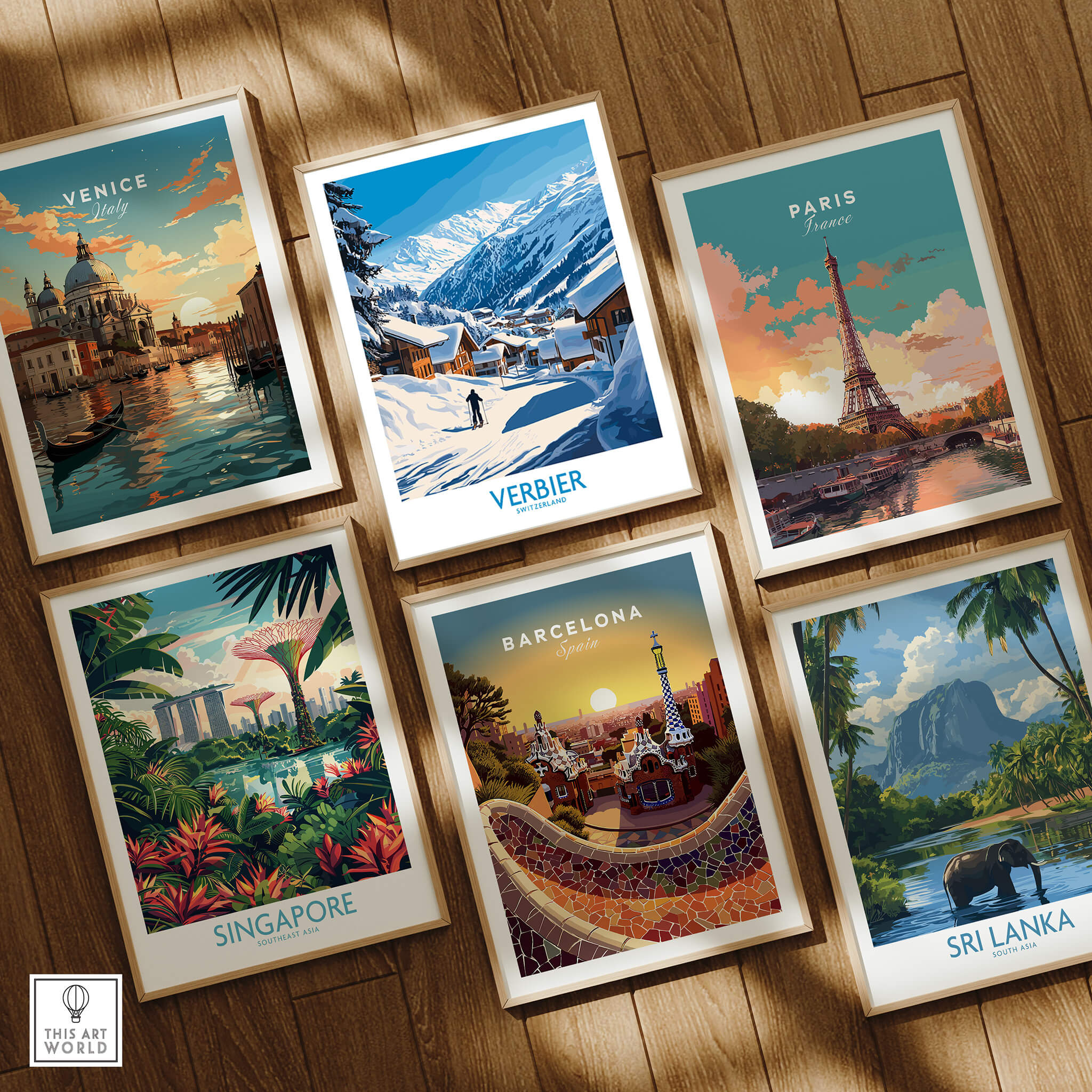 Verbier Ski Poster Switzerland featured among travel posters of Venice, Paris, Singapore, Barcelona, and Sri Lanka.